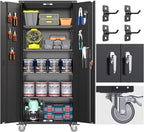 Garage Storage Cabinet with Wheels & Pegboard, 72" H Locking Metal Storage Cabinet with Doors and 4 Adjustable Shelves for Garage Workshop Home, Assembly Required, Black