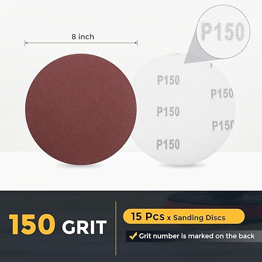 HARFINGTON 15 Pcs 8 Inch Sanding Disc 150 Grit Hook and Loop Sandpaper Random Orbital Sander Pads for Woodworking Automotive Metal Polishing
