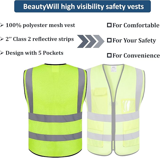 BeautyWill Custom Logo 10/20 Pack Safety Vest Class2 High Visibility Vest with Pockets Breathable Construction Vest Bulk