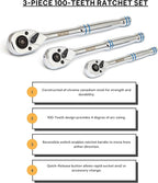 Neiko 03000A 100-Tooth Quick-Release Ratchet-Wrench Set, 1/4-Inch-, 3/8-Inch-, and 1/2-Inch-Drive Ratchets, 3.6-Degree Swing, CrMo Steel, 3-Piece Set