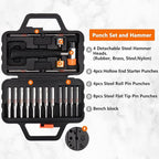 Pridefend Punch Set, Roll Pin Punch Set Made of Solid Material,Including Steel Pin Punch Set, Roll Pin Starter Punch and Hammer,with Organizer Storage Box (with Bench Block)