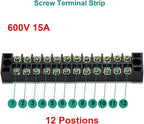 MILAPEAK Terminal Block and Strip - 5pcs 12 Positions 600V 15A Dual Row Screw Terminal Blocks with Cover + 10pcs 400V 15A 12 Positions Pre-Insulated Terminal Barrier Jumper Strips Black & Red