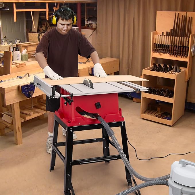Table Saw, PioneerWorks 10inch 15A 5000RPM Portable Table Saw with Stand & Safety Switch, Push Stick, 90°Cross Cut & 0-45°Cutting, PIONEERWORKS Multifunctional Table Saw for Woodworking, DIY Working