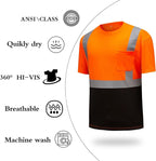 High Visibility Shirts Quick Dry Safety T Shirts with Reflective Strips and Pocket Short Sleeve Mesh Hi Vis Construction Work Class 2 Shirt for Men/Women Black Bottom Orange,Large