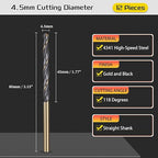 Drill Bit, 4.5mm Cutting Diameter, 4341 HSS Gold and Black 118° Cutting Angle Number Jobber Bits - (Applications: for Drilling Soft Metal Plastic Wood), 12-Pieces