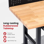 Workbench with Wheels 60 x 22 Inch Adjustable Height Work Table for Garage Heavy Duty Rubberwood Tabletop Work Bench with LED, Drawers, Pegboard, Power Outlets for Office Home Commercial