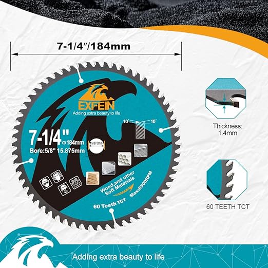 7-1/4 Inch Miter/Table Saw Blades 3pcs, 24T+40T+60T ATB TCT Fine Finish Wood Cutting Circular Saw Blade with 5/8 Inch Arbor