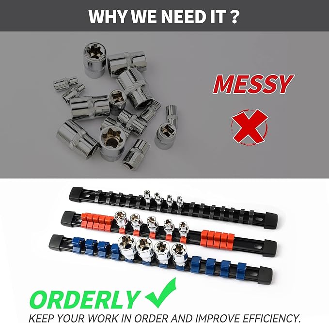 ALOANES 3 PC ABS Socket Organizer, 3/8 inch, Drive Socket Rail Holders, Heavy Duty Socket Racks, Black Rails with Red Clips