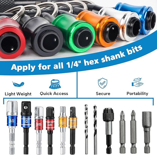 1/4 Bit Holder Keychain 6pc, 1/4 inch Hex Shank Bit Holders, Quick Release Bit Holder For Nut Driver, Screwdriver & Drill Bits w/Key Chain Carabiner