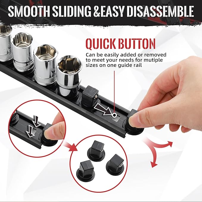 Magnetic Socket Organizer, 3-Piece Heavty Duty Aluminum Socket Holder, Socket Rail for Tool Box, Premium Quality 360° Swivel Socket Rack with 42 Clips for 3/8-Inch(Black)