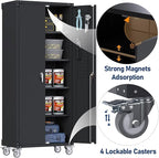 Garage Storage Cabinet with Wheels & Pegboard, 72" H Locking Metal Storage Cabinet with Doors and 4 Adjustable Shelves for Garage Workshop Home, Assembly Required, Black