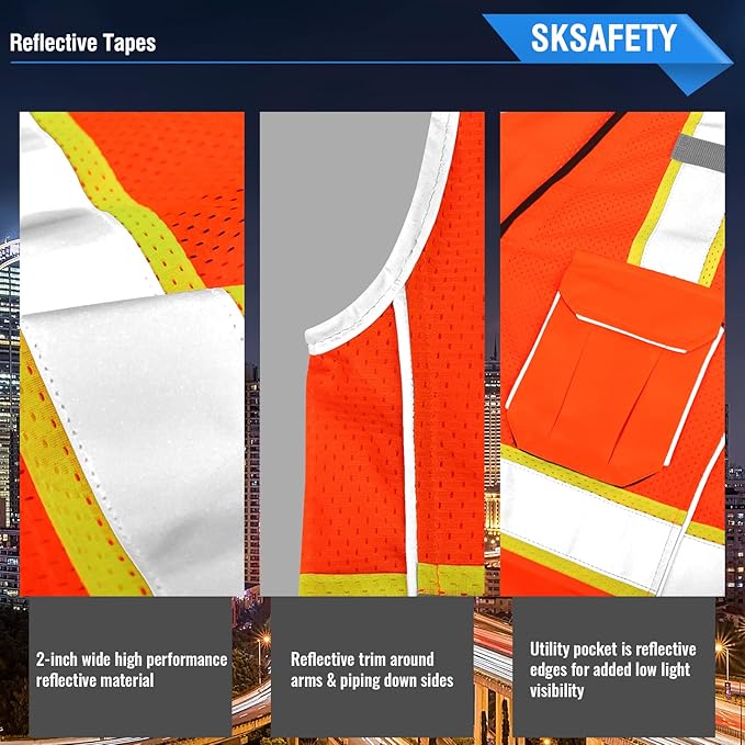 SKSAFETY 10 Pockets Hi Vis Safety Vest with Zipper - Class 2 Reflective Security Vest, ANSI/ISEA Standard - Construction Work Vest (Orange, 5XL)