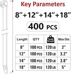 Zip Ties Assorted Sizes(8", 12", 14", 18")- 400 Pack, Zip Ties Heavy Duty with 120 lb Tensile Strength, Black Cable Ties, Wire ties, Paloka