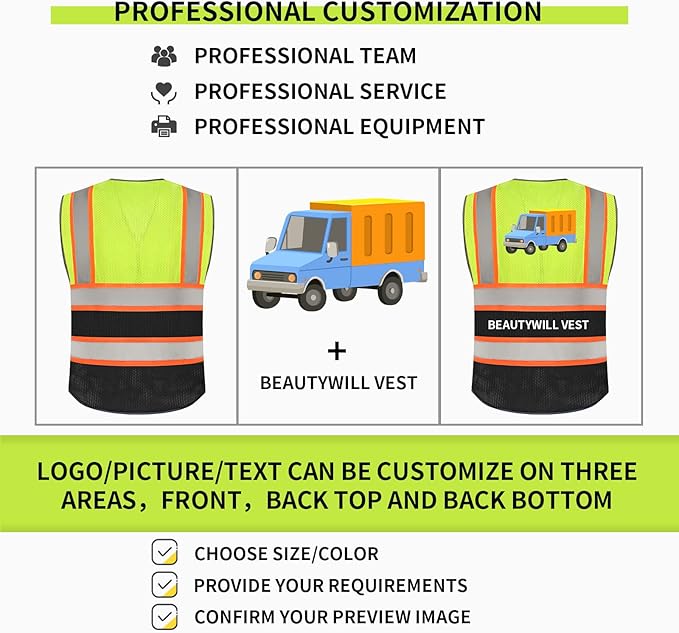 BeautyWill Custom Logo 10/20 Pack Safety Vest Class2 High Visibility Vest with Pockets Breathable Construction Vest Bulk