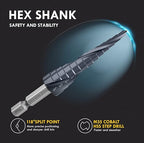 Upgrade M35 Cobalt Step Drill Bit with Ultra TiAIN Coating, 1/8“-1/2” Unibit Step Bit with Double Sprial Flute, 1/4" Hex Shank Drill Bit for Metal, Stainless Steel, Aluminum, Copper, Wood
