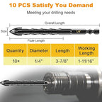 Masonry Drill Bit Set 1/4" (10PCS) - Cement Drill Bit, Professional Concrete Drill Bit Set for Glass/Brick/Cement/Tile/Etc, Industrial Strength Carbide Cross Drill Bit Tip, by TITGGI