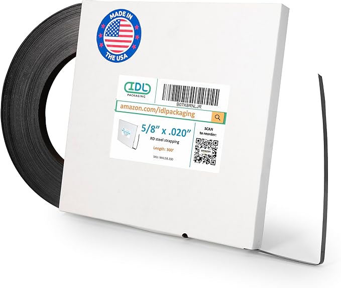 IDL Packaging 5/8" x .020" x 300' Steel Strapping Coil (1400 Lbs Break Strength) in Self-Dispensed Сardboard Box - Portable Strong Banding with Superior Cut-Resistance - Heavy Pallet Strapping