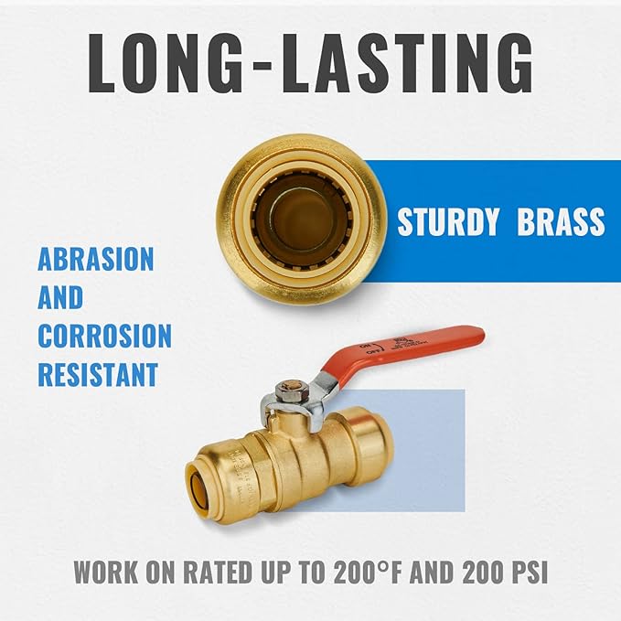 Shut Off Ball Valve 3/4 Inch, SUNGATOR 3/4 Inch Ball Valve, Push-to-Connect Water Shutoff, No Lead Brass Push Plumbing Fittings for PEX Pipe, Copper, CPVC, Pack of 1