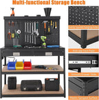 Work Bench 48" Adjustable Height,3-Tier Heavy-Duty Portable Workbench with Power Outlets and Drawer for Garage & Workshop, 880 LBS Load Capacity, Work Table for Office, Home, Easy Assembly