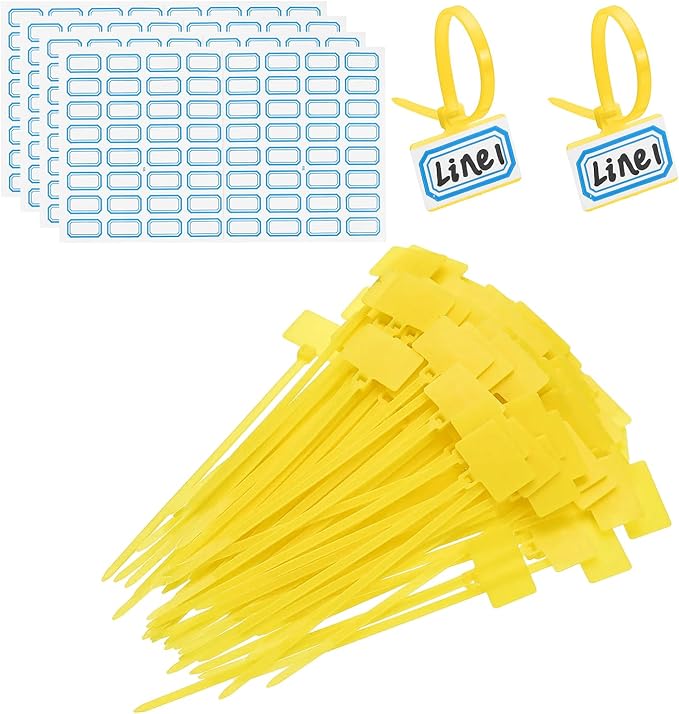 PATIKIL 4inch Zip Ties, 200pcs Cable Ties Tags Nylon Wire Marking Label Self Locking Plastic Straps Write on with Label Tags Paper for Organization Cord Network Ethernet Marking, Yellow