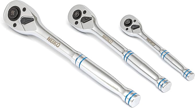 Neiko 03000A 100-Tooth Quick-Release Ratchet-Wrench Set, 1/4-Inch-, 3/8-Inch-, and 1/2-Inch-Drive Ratchets, 3.6-Degree Swing, CrMo Steel, 3-Piece Set