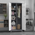 72.8" H Utility Closet Cabinet, Broom Closet Storage Cabinet with Locking Doors, Garage Tool Cabinets with Hanging Rod, Cleaning Storage Cabinets for Garage,Bedroom Office Grey&White