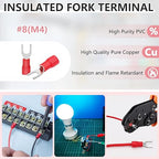 200 Pcs Insulated Fork Spade U-Type Wire Connectors, 22-16 AWG M4 Electrical Crimp Terminal, Stud Size #8 Size Red Butt Connectors