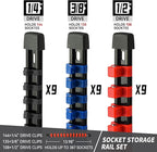 Socket Organizer Drive ABS Tools-Socket Holder, Premium Quality 27 Pieces Socket Holders Kit 1/4-Inch x 144 Clips, 3/8-Inch x 135 Clips, 1/2-Inch x 108 Clips（27PC,Blue&Red&Black)