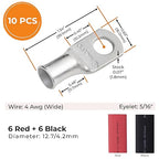 SELTERM 10pcs - 4 Awg 5/16" Stud (Wide) Battery Lugs - Ring Terminal Connectors with 12pcs 3:1 Black & Red Heat Shrink Tubing with Adhesive, Heavy Duty Battery Cable Ends - Tinned Copper Wire Lugs Kit