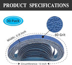 30 Pcs 3/8 x 13 Inch Zirconia Sanding Belts, 3/8x13 Sanding Belts 40 Grit for Air Belt Sander, Zirconia Sanding Belts for Woodworking, Metal Polishing, Derusting (3/8x13in, 40 Grit)