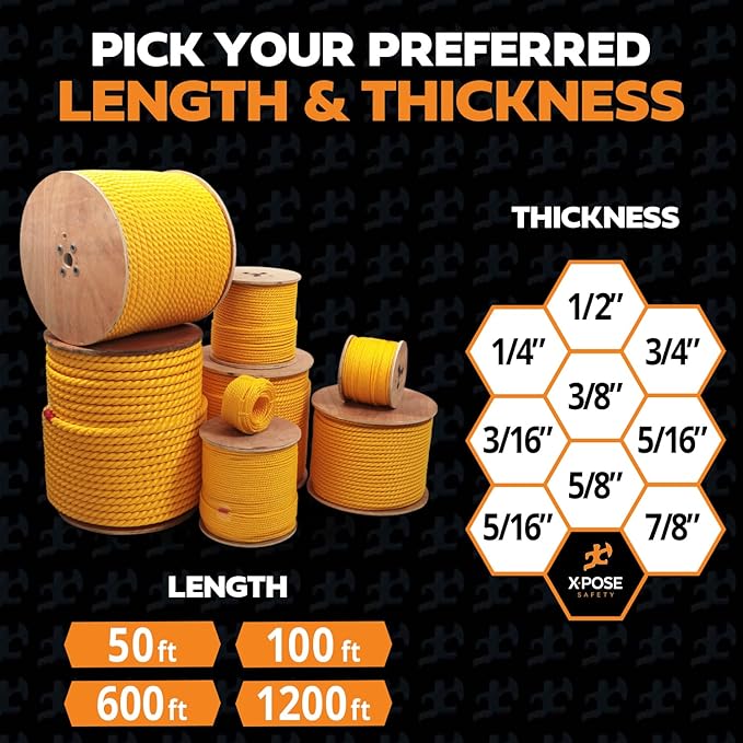 Yellow Twisted Polypropylene Rope, 5/8" Thickness x 600' Length Heavy Duty Poly Ropes for Outdoor and Marine Use, Yellow Rope for Visibility & Safety