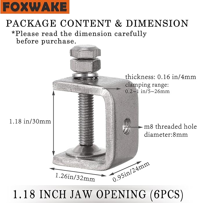Stainless Steel C Clamps Mini 1 Inch for Mounting, Heavy Duty Metal U Clamps for Metal Working, Small Desk Clamp with Stable Wide Jaw Opening & Protective Pads/I-Beam Design (10pcs)