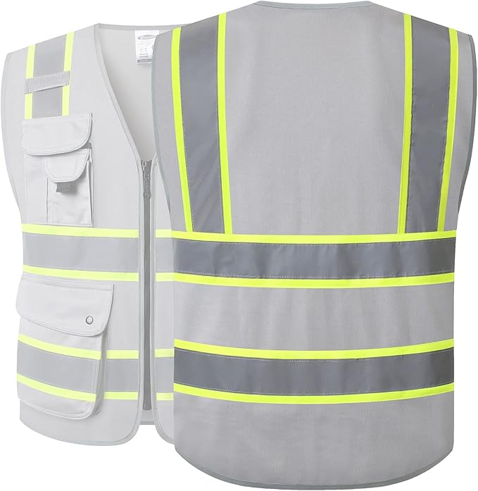 JKSafety 9 Pockets Hi-Vis Fluorescent Color Zipper Front Safety Vest with Neon Color Extended Yellow Trims for Men and Women Work Safety Utility (901-Grey M)