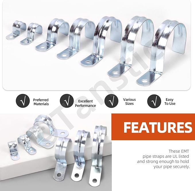 Tanstic 30Pcs 1/2 Inch EMT Pipe Strap Zinc Plated Steel One Hole Strap Conduit Clamp Rigid Pipe Strap for Pipe Fixing