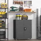 GREATMEET Metal Garage Storage Cabinets with Wheels, 31.5" H Locking Storage Cabinet with Doors and Adjustable Shelves for Garage, Office, Home (Black)