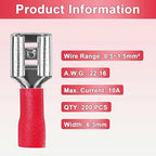 200 Pcs Red Female Quick disconnects Vinyl Insulated Spade Wire Connectors, Electrical Crimp Terminal 22-16 AWG (6.3mm)