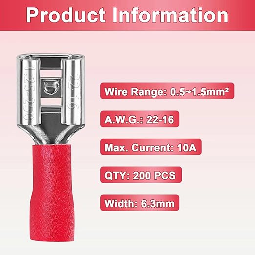 200 Pcs Red Female Quick disconnects Vinyl Insulated Spade Wire Connectors, Electrical Crimp Terminal 22-16 AWG (6.3mm)