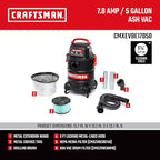 CRAFTSMAN CMXEVBE17050 5 Gallon 7.8 Amp Ash and Grilling Vacuum, Portable Dry Only Shop Vacuum with Drum Filter, Cartridge Filter, Hose and Attachments for Cool/Dry Ash Cleaning