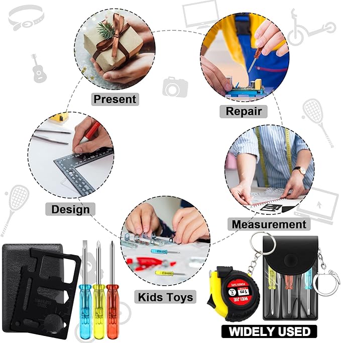 288 Pcs Mini Tape Screwdriver Keychain Set Christmas Men Gifts Bulk Adult Party Favors Multitool Pen Card Tool Measuring Keychains Stocking Christmas Stuffers for Men Dad (Red,Yellow,Blue)