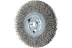 PFERD Crimped Wheel Brush, Stainless Steel Wire, 4-1/2" Diameter, 5/8-11 Thread, 0.014 Wire Size, 15/16" Trim Length, 1/2" Face Width, 12500 max RPM - Part 80354