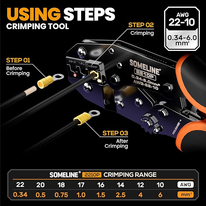 SOMELINE Electrical Connectors Crimping Tool Set, Ratchet Terminal Crimper 22-10 AWG, with 26 Sizes Ring Spade Butt Piggyback Insulated Connectors, Wire Crimp Tool Kit