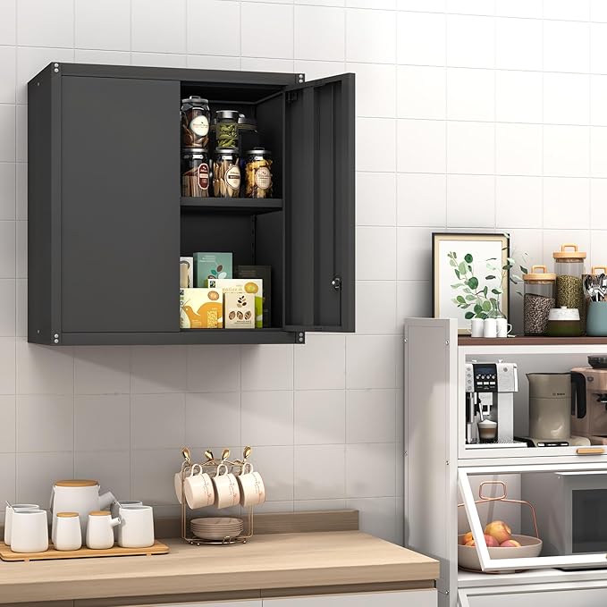 GREATMEET Metal Garage Storage Cabinet with Lock, Metal Wall Cabinets for Garage, Wall Mount Cabinet, Upper Cabinets Wall Mounted, Utility Cabinet with Adjustable Shelf, Black