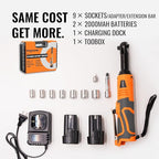3/8" Extended Electric Ratchet Wrench Set, 45ft-lbs 600 RPM Cordless Long Neck Power Ratchet Wrench Kit with 2pcs Batteries, LED Light, 9 Sockets, Toolbox, Variable Speed, For Housework, Car Repair