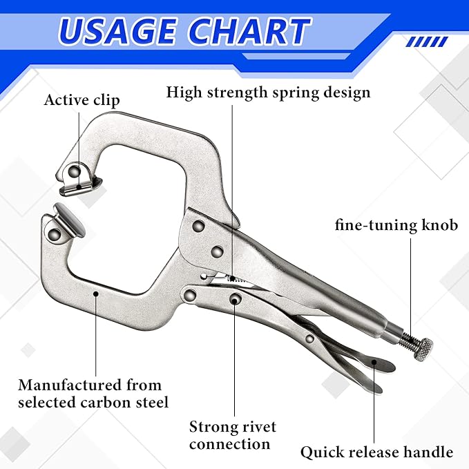 4 Pcs Locking C Clamp Set, Locking Pliers with Fixed and Swivel Pads, 6 Inch, 9 Inch, 11 Inch, Metal Tools Welding Clamps for Home Farm