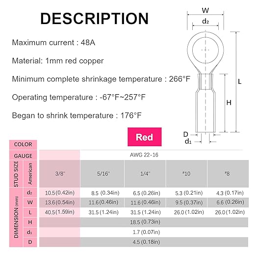 AutCreation 160PCS Heat Shrink Ring Terminals 3/8" Red 22-16 AWG Marine Grade Electrical Wire Connectors, Tinned Red Copper Resistant Ring Connectors, Insulated Waterproof Crimp Terminals