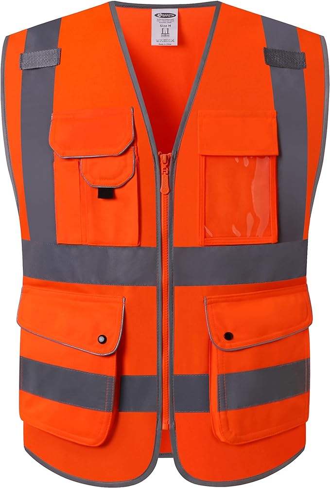 JKSafety 9 Pockets Class 2 High Visibility Zipper Front Safety Vest With Reflective Strips, Meets ANSI/ISEA Standards (150-Orange M)