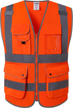 JKSafety 9 Pockets Class 2 High Visibility Zipper Front Safety Vest With Reflective Strips, Meets ANSI/ISEA Standards (150-Orange M)