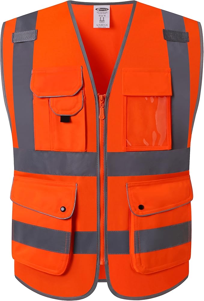 JKSafety 9 Pockets Class 2 High Visibility Zipper Front Safety Vest With Reflective Strips, Meets ANSI/ISEA Standards (150-Orange, 4XL)