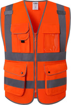 JKSafety 9 Pockets Class 2 High Visibility Zipper Front Safety Vest With Reflective Strips, Meets ANSI/ISEA Standards (150-Orange, 4XL)