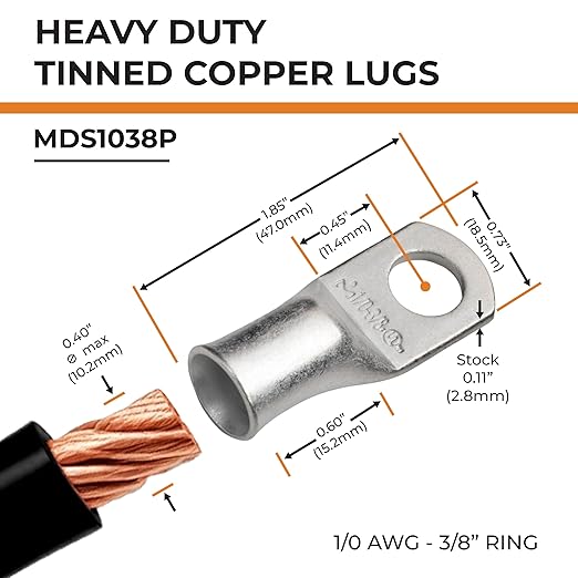 SELTERM 10pcs 1/0 AWG-3/8 Stud Tinned Copper Wire Lugs, Heavy Duty Battery Cable Ends,0 Gauge Ring Terminals, UL Battery Lugs Marine Grade Copper Eyelets Electrical Battery Terminal Connectors
